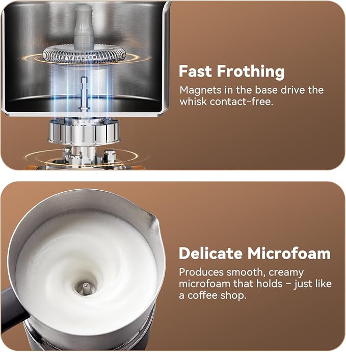 IAGREEA 8 in 1 Milk Frother and Steamer, Stainless Steel, Dishwasher Safe | Detachable Design, Dial Control, 600Ml/600W, 3 Temps (113/131/149°F), Magnetic Drive Creates Thick Creamy, Long-Lasting Foam
