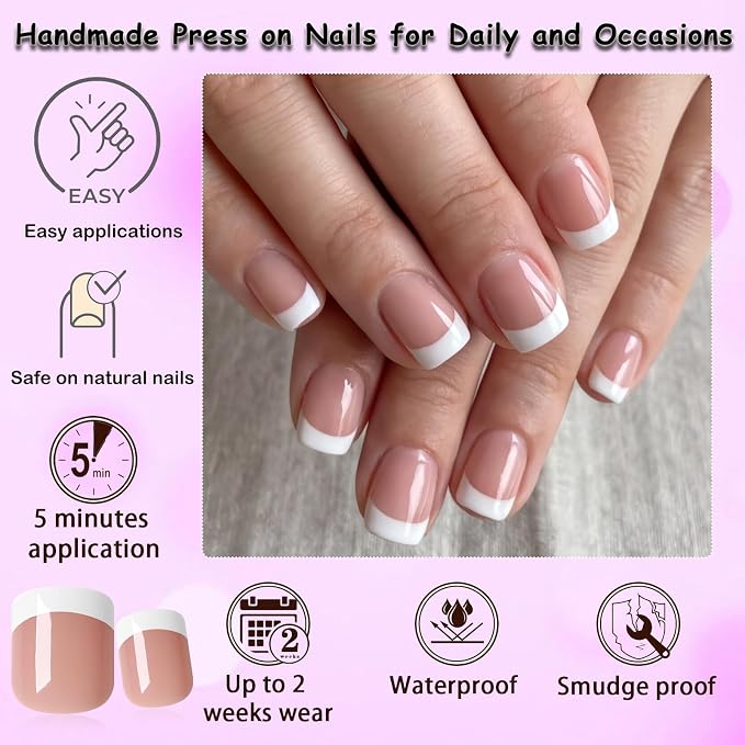 240pc White French Tip Press on Nails Short Square Acrylic Nail, Coffee Press ons Fake Nails with Glue & Tabs, 12 Sizes Glue on Nail Short Press-on Nail Square Artificial Stick on Nails for Women
