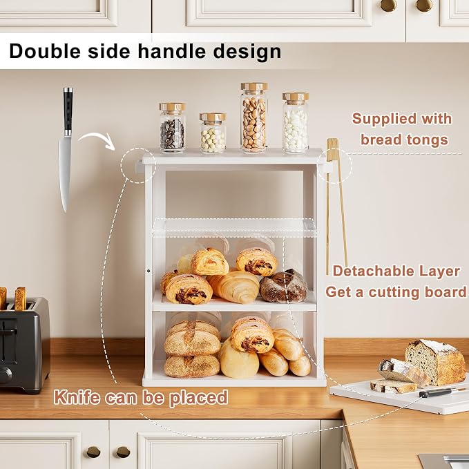 WOWLIVE Bread Box for Kitchen Countertop, 3 Layers Bread Storage Container | Large Bamboo Bread Bin for Homemade Bread with Window, Farmhouse Breadbox Organizer for Kitchen, Cabinet, White, Extra Large