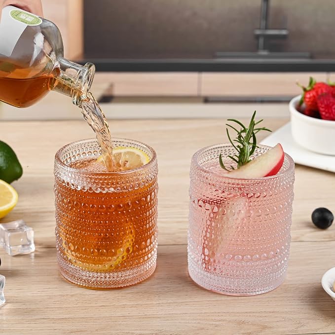 ZMOWIPDL Drinking Glasses Set of 6,12oz Clear Hobnail Glass Cups | Vintage Glassware，Embossed Water Tumbler,for Beer,Cocktail,Whiskey,Juice and Various Mixed Drinks- 1 Cleaning Brush
