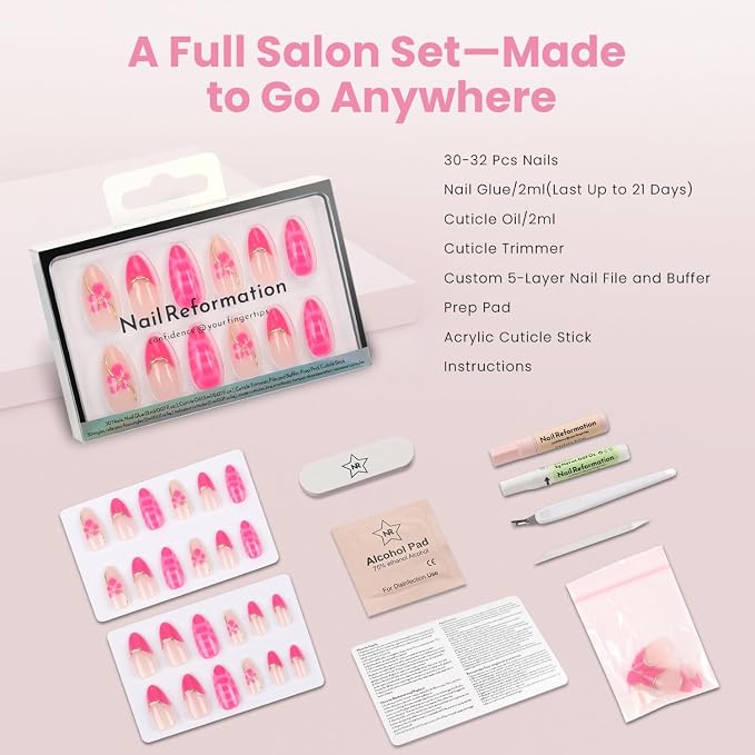 Nail Reformation Press On Nails, Peony Pop | 3D Floral Medium Almond 30 Pcs | 15 Sizes Fake Nails with Pink French Tips on Nude Base in Glossy Finish, Reusable Stick On Nail Kit with Glue for Women Gifts