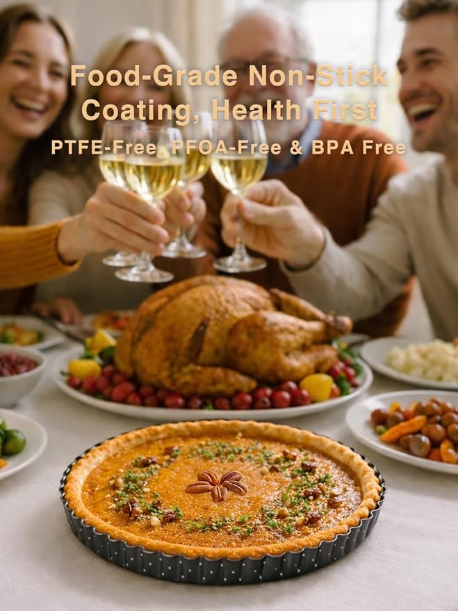 10 Inch Perforated Quiche Pan for Crispy Crust. Removable Bottom, Non-Stick Coating, Rugged Carbon Steel Dish for Tart Quiche Pie Baking. Gift for Christmas Thanksgiving Party