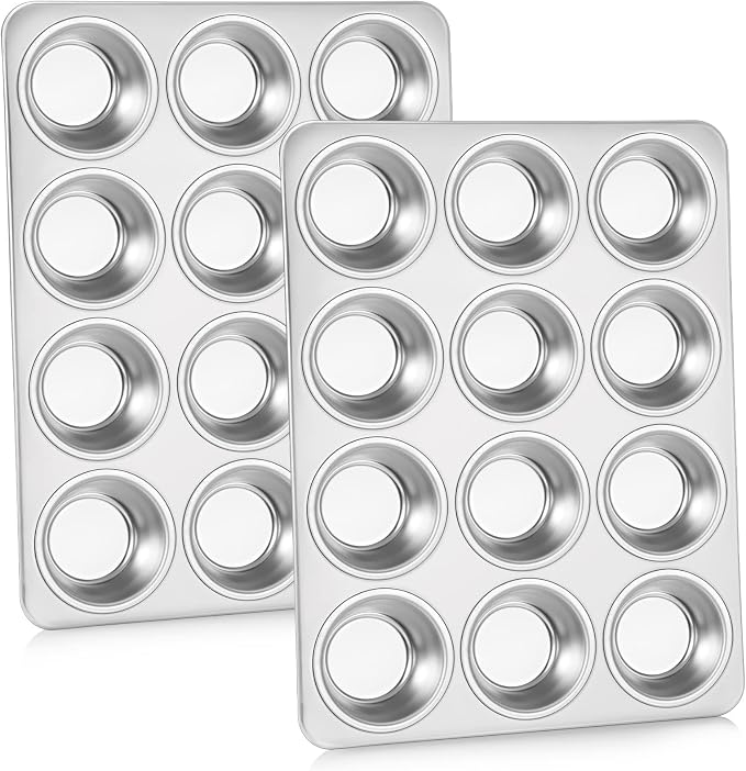 P&P CHEF 12-Cup Muffin Pan Tin, Stainless Steel Cupcake Pan, 2Pcs | Muffin Tin for Oven Baking, Dishwasher Safe, Non-Toxic, Standard Size, Ideal for Homemade Muffin Cup Cake Tart Quiche