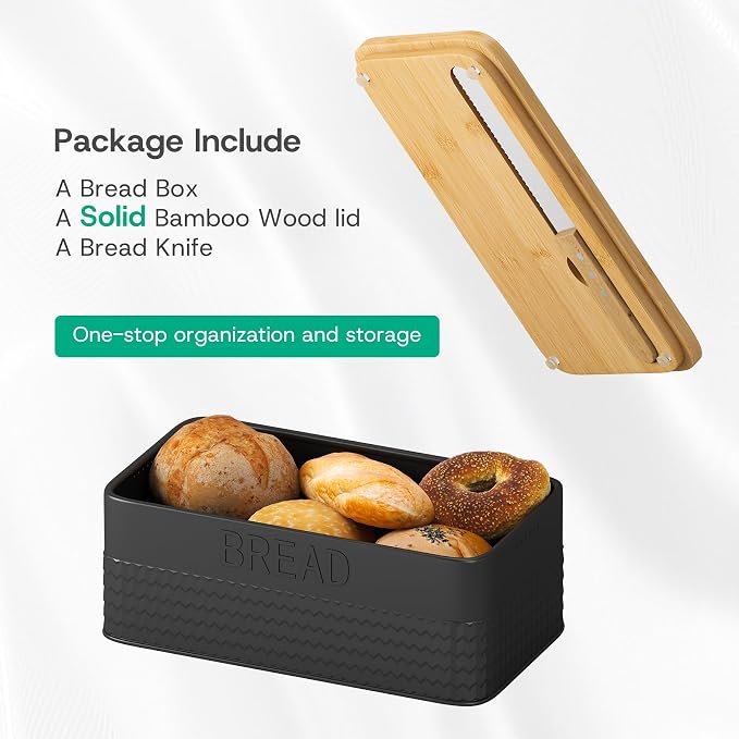 kiplant Black Bread Box for Kitchen Countertop, Large Bread Storage Container with Bamboo Lid, Iron Farmhouse Bread Box for Your House