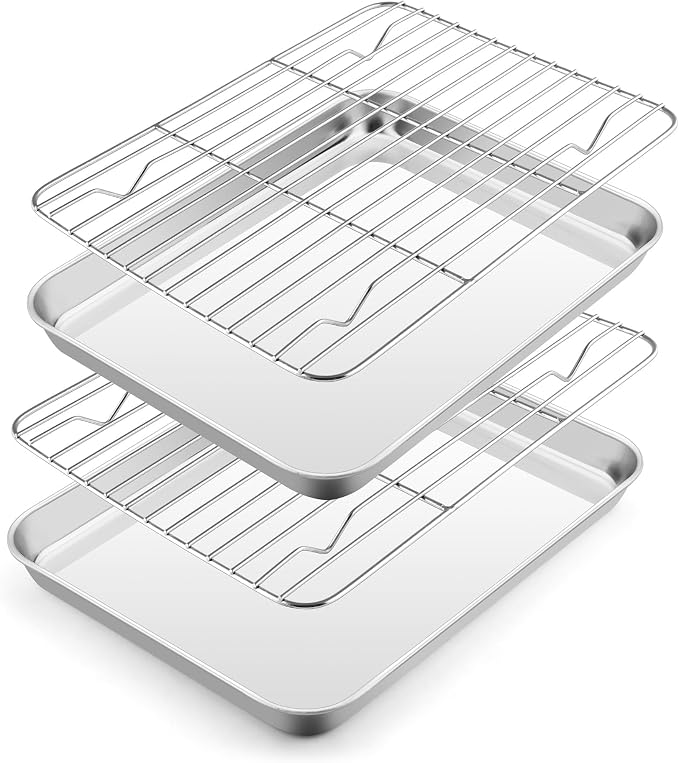 E-far Baking Sheet with Wire Rack, Cookie Sheets Trays for Toaster Oven | 10.5 x 8.3 Inch Stainless Steel Cooling Rack with Non Toxic & Warp Resistant Design, Oven & Dishwasher Safe, 2 Pans + 2 Racks