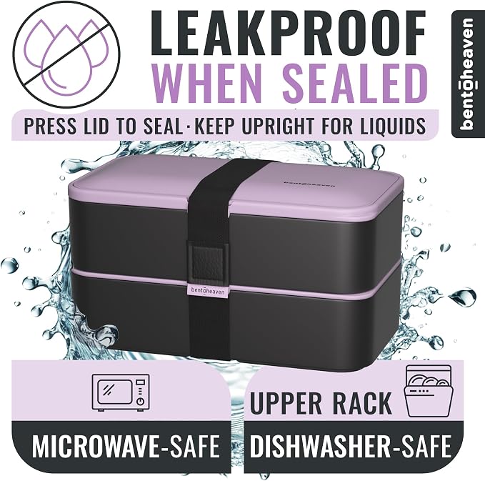 Bentoheaven Bento Box Adult, Stackable Lunch Box, 40 oz, Violet Me Go | BPA-free, leakproof and microwave-safe with 2 compartments, utensils, chopsticks, divider and sauce cup for men and women.