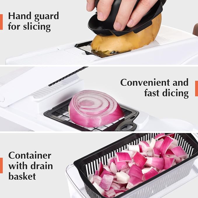 KEOUKE Vegetable Chopper Mandoline Slicer Pro - 16 in 1 Interchangeable Blades Food Chopper with Container, Hand Guard & Drainer, Veggie Dicer Spiralizer Kitchen Gadget for Onion, Cucumber, Fruit