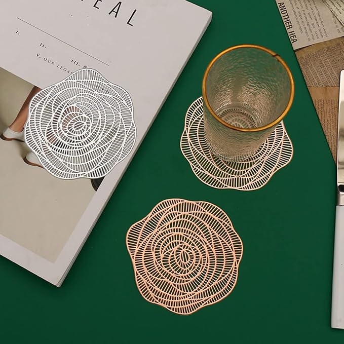 Lyellfe 20 Pack Gold Pressed Vinyl Placemats, 15 Inch Metallic Non-Slip | Washable PVC Chargers Placemat, including 10 Placemats and 10 Coasters for Dining Table, Wedding, Party, Rose Flower Shape