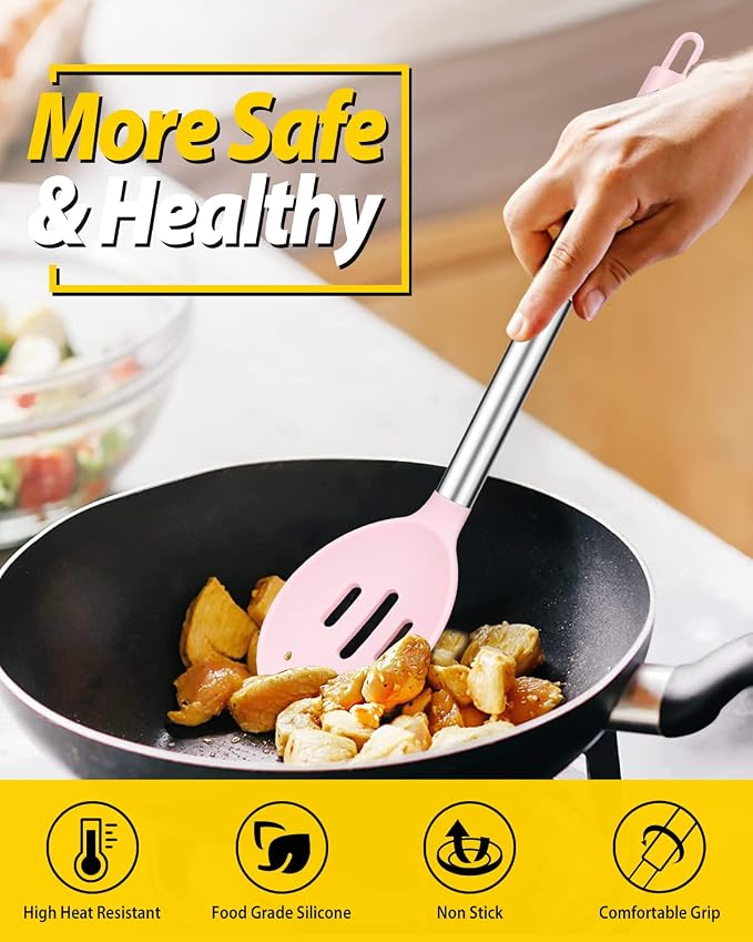 BUNDLEPRO Silicone Cooking Spoons for Non Stick Cookware, 2 Pack, Pink | Heat Resistant, Large Kitchen Spoons for Mixing, Serving, Draining, Stirring