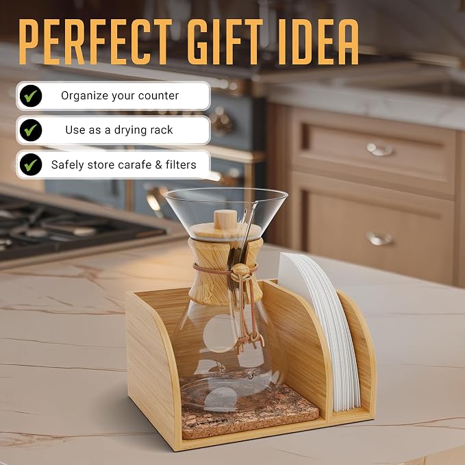 Pour Over Caddy with Lid for Chemex Bodum Cosori Coffee Makers Cork | Handmade Bamboo Stand, Lid, Filter Holder, Heatproof Mat for a Cleaner Coffee Station