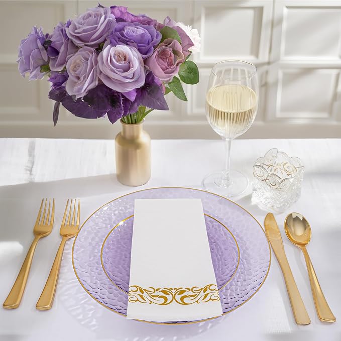 DaYammi 350 Pcs Clear Purple Gold Plastic Plates, Hammered Disposable Dinnerware, Clear Purple Plates Set Include 100 Plastic Platos, 150 Gold Disposable Silverware, 50 Cups And 50 Napkins for Party