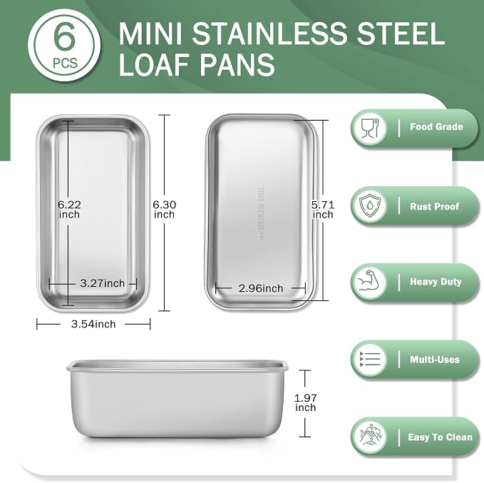 TeamFar Mini Loaf Pan, 6 PCS Stainless Steel Loaf Pans for Baking Bread | 6.3 x 3.5 Inch Bread Baking Pan for Homemade Bread, Meatloaf, Cake and Brownies, Non-Toxic, Oven & Dishwasher Safe