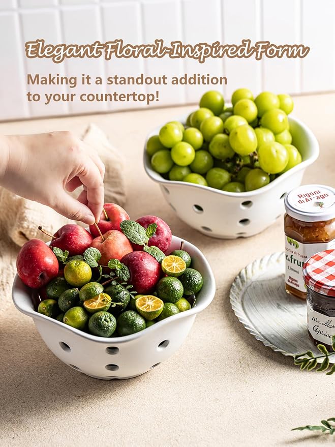 Gomakren Fruit Basket Set of 2, Ceramic Fruit Bowl Berry Basket with Holes, 7.6 Inch Fruit Containers Colander for Fridge - Farmhouse Kitchen Decor, Cream White