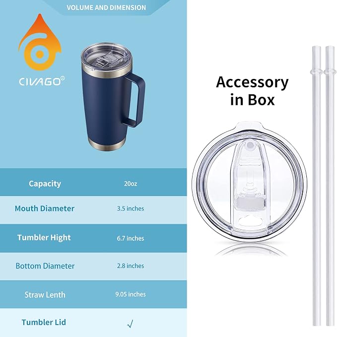 CIVAGO 20 oz Tumbler Mug with Lid and Straw, Insulated Travel Mug with Handle, Double Wall Stainless Steel Vacuum Coffee Tumbler, Thermal Cup, Navy Blue