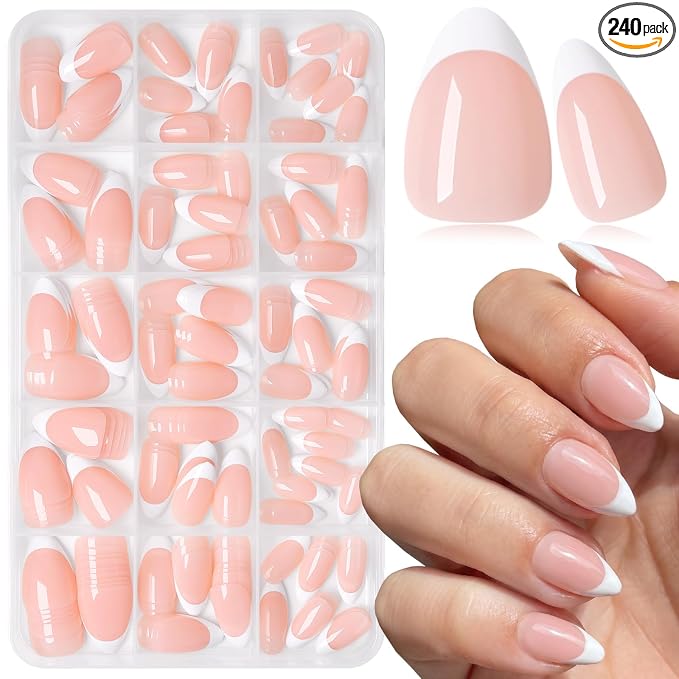 240pc Short French Tip Press on Nails Almond Fake Nails with Glue Tabs | Short Nails Press ons Almond Glue on Nails Nude Acrylic Nails Stick False Nail Artificial Fingernail for Women Girls