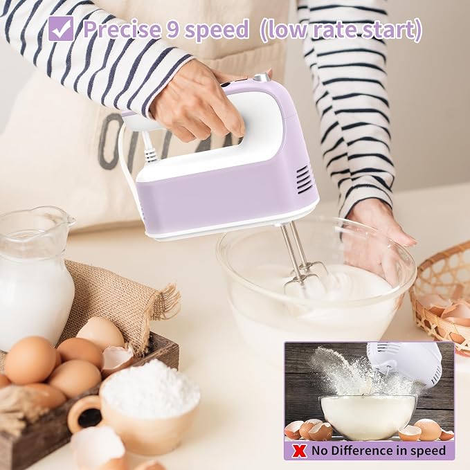 Yomelo 9-Speed Digital Hand Mixer Electric, 400W Powerful DC Motor, Hand Mixer Electric Handheld with Snap-On Storage Case, 5 Stainless Steel Accessories, Beaters, Dough Hooks, Whisk(Lilac Purple)