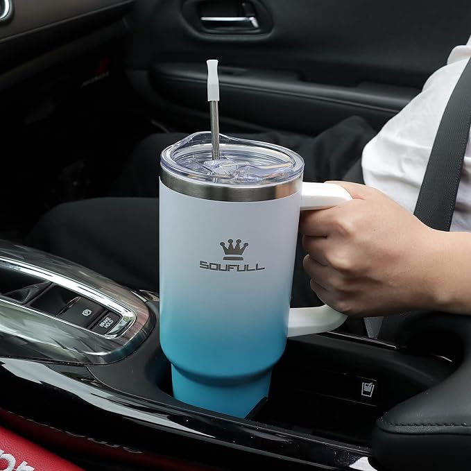 Soufull 40 oz Tumbler with Handle and Straw Lid, 100% Leak-proof, WhiteBlue | Stainless Steel Insulated Travel Coffee Cup, Keeps Cold 34Hrs or Hot 10Hrs, Dishwasher Safe