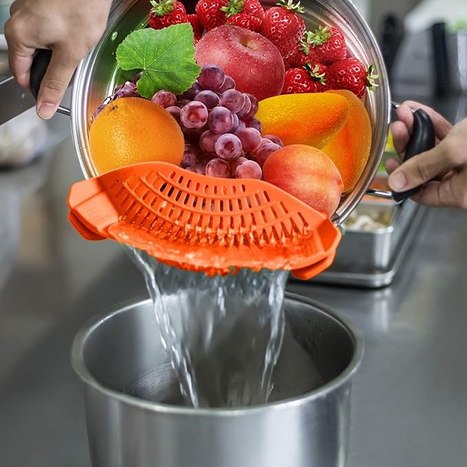 AUOON Clip On Strainer for Pots, Standard 8.86 x 3.55 in, Orange | Food-grade Silicone, Fits Pots Pans Bowls, Dishwasher Safe, for Pasta Noodles Vegetable Fruits, Space-saving Kitchen Gadget