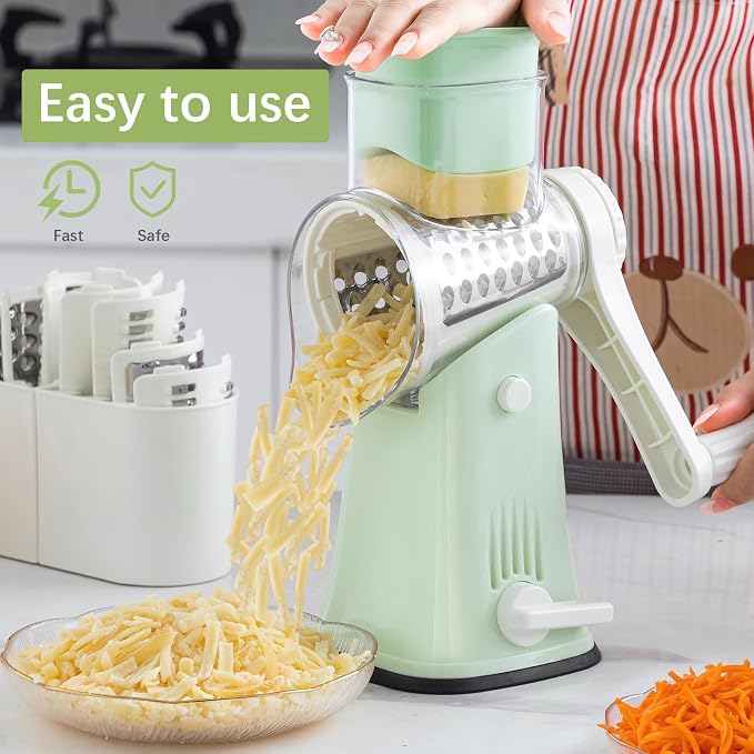 5 in 1 Rotary Cheese Grater Hand Crank, Cheese Shredder with Handle | Replaceable Stainless Blades Cheese Shredder, Cheese Vegetable Slicer, Easy to Clean Kitchen Gadgets with Storage Box