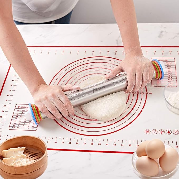 Rolling Pin and Silicone Pastry Mat Set with Adjustable Thickness Rings | Roll Dough to Perfect Size & Thickness, Stainless Steel Dough Roller for Baking Fondant, Pizza, Pie, Pastries, Pasta, Cookies