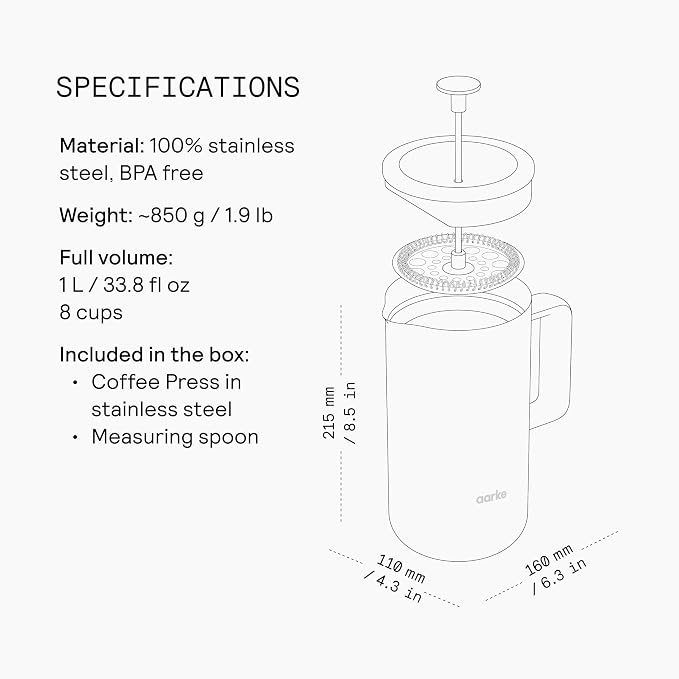 aarke Coffee Press - Stainless Steel, Insulated Double-Walled, 34oz | 100% Stainless Steel, Cool-touch Exterior, Precision Mesh Filter, Vacuum Body