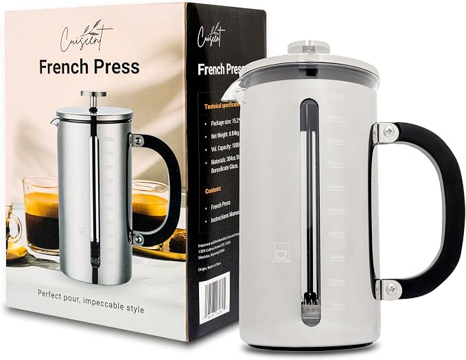 High Borosilicate Glass French Press Coffee Maker with 304 Stainless Steel, 1000 ml Capacity - Classic Elegance and Modern Design for Coffee Enthusiasts