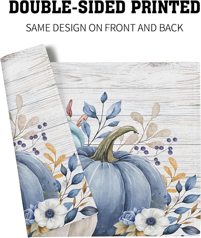 Thanksgiving Placemats Set of 4 18x12 Inch Fall Blue Pumpkin Linen Place Mats Heat-Resistant Washable Wipeable Autumn Leaf Floral Wood Grain Table Mat for Party Kitchen Dining Room Dinner Table Decor