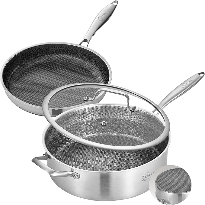 LOLYKITCH 7QT Deep Skillet with Lid&12'' Frying Pan Set | Detachable Handle | Ceramic Nonstick | Tri-Ply Stainless Steel | Saute Pan | PFOA Free | Induction | Dishwasher & Oven Safe