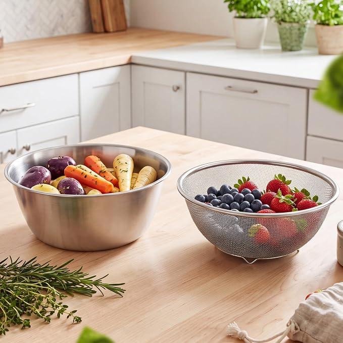 Mini Colander Food Strainer | Fine Mesh Colander with Bowl, 307 Stainless Steel, Strainer for Washing Fruits Vegetables Rice, Kitchen Cooking Prep
