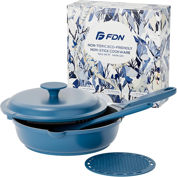 FDN 8" Ceramic Non Stick Frying Pans With Lid, Titanium Pans for Cooking, Non-Toxic PFAS-Free, Induction & Oven-Safe Cookware, Blue For Daily Cooking