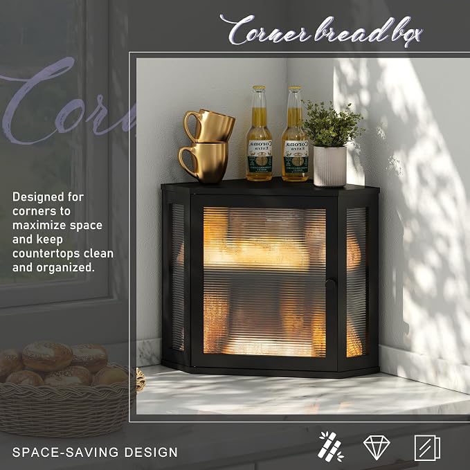 Corner Bread box for Kitchen Countertop,Farmhouse Acrylic Wavy Door Panel Food Storage Large White Bread box Container