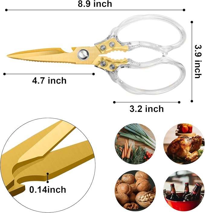 CGBE Kitchen Scissors, Multi-Purpose Kitchen Shears, Heavy Duty Food Scissors for Chicken, Poultry, Fish, Meat & Herbs with Non-Slip Grips - Transparent Gold