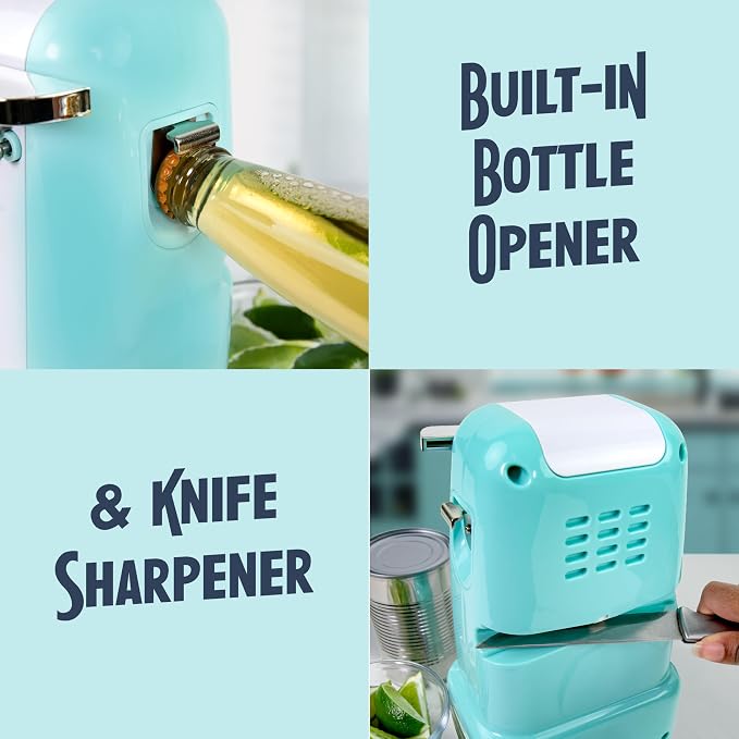 Nostalgia Retro Electric Can Opener for Kitchen with Magnetic Lid Remover, Knife Sharpener, and Soda or Beer Bottle Opener, Aqua