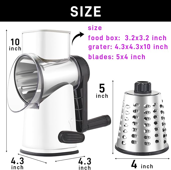 Weltonhm 4 in 1 Large Cheese Grater Hand Crank Rotary (White 4 Graters) | Cheese Shredder Rotary and Slicer with 4 Stainless Steel Blades for Vegetables, Veggie and Cheese, Stronger Suction Base