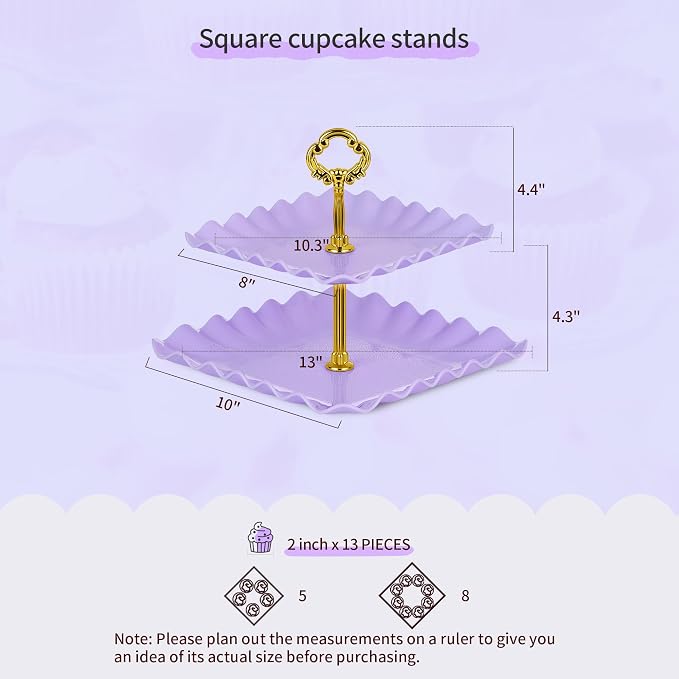 Pack of 11 NWK Cake Stand Set of Cupcake Stand, Tray & Table Cloth (Purple) | Includes 3 x 2-Tier & 3 x 3-Tier Cupcake Stands, 4 Appetizer Trays, Plus 1 Tablecloth. Ideal for Parties, Purple Design