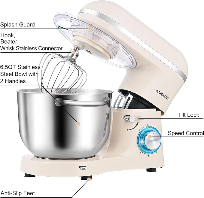Aucma Stand Mixer,6.5-QT 660W 6-Speed Tilt-Head Food Mixer, Kitchen Electric Mixer with Dough Hook, Wire Whip & Beater (Almond Cream, 6.5QT)