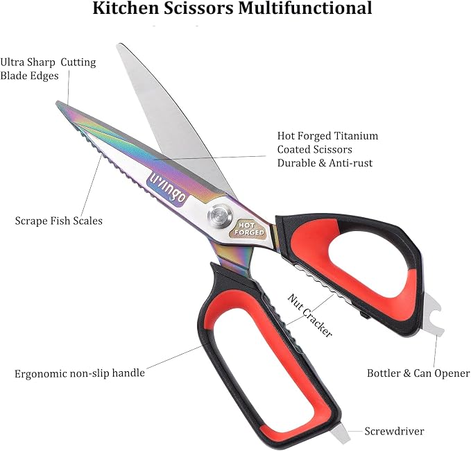 LIVINGO 9.5" Titanium Coated Kitchen Shears Heavy Duty Stainless Steel | Ultra Sharp Multipurpose Food Scissors with Durable Titanium Blade for Cutting Chicken, Meat, Vegetables and Cooking Tasks