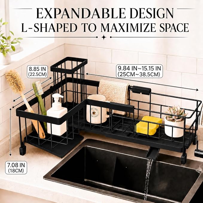 Extendable Corner Sink Sponge Holder, Quick-Drain Caddy for Kitchen Sink, Black