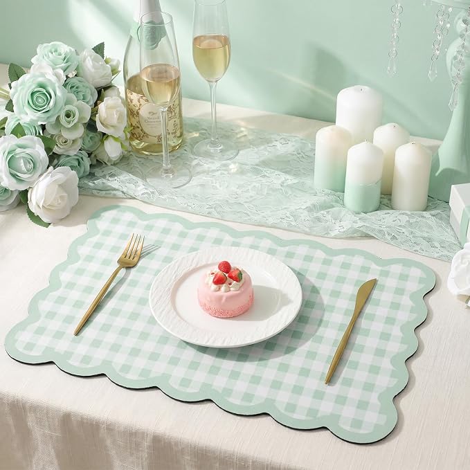 Green Scalloped Gingham Coffee Mat 12" x 20" Absorbent Bar Mat | Gingham Espresso Matt with Non Slip Rubber Backing for Coffee Countertops
