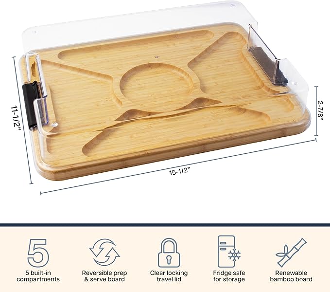 Totally Bamboo Flip, Serve & Store Reversible Charcuterie Board with Lid | Portable 5-compartment serving board with clear locking cover for travel. Cutting board side includes juice groove for prep.