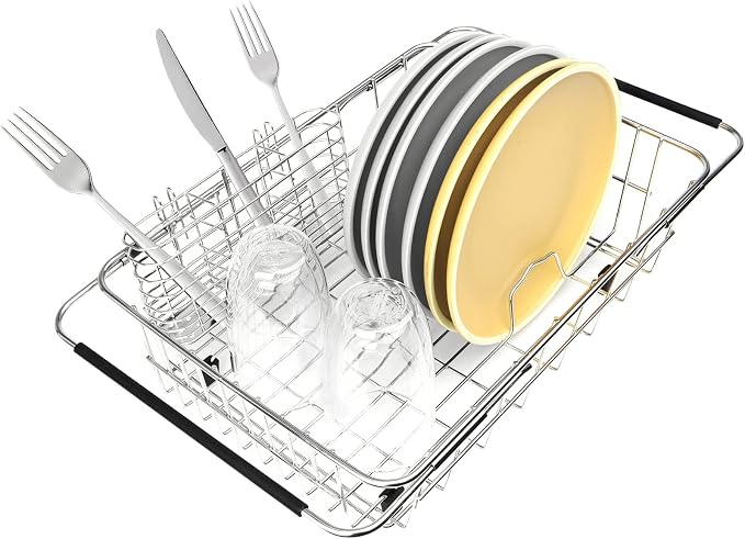 304 Stainless Steel Drying Rack, Expandable, Adjustable Inside The Sink (up to 9 Upright Utensils) | Adjustable Sink Dish Drying Rack, Expandable Stainless Steel Organizer, Fits Most Sinks, Holds Up to 9 Upright Utensils