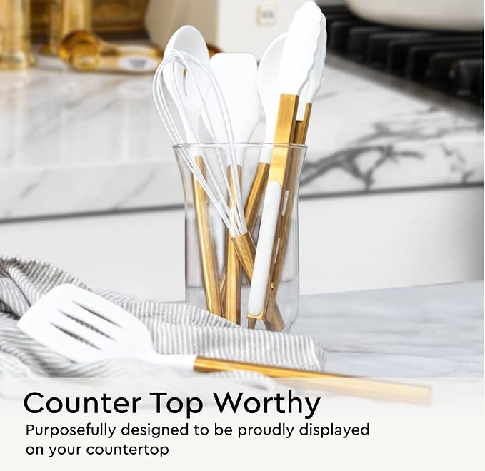 Gold Kitchen Utensils Set – 6 PC White Silicone and Gold Cooking Utensils with Spatula, Whisk, Tongs, Spoons, Cooking Tools for Nonstick Cookware – Luxury Kitchen Accessories for Home Chefs | White Silicone and Gold Cooking Utensils with Spatula, Whisk...