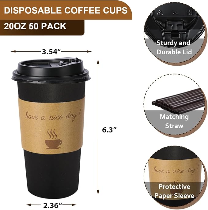 BYSNOW 20 oz 50 pack Disposable Paper Coffee Cups with Lids To Go Cups | Paper To Go Cups with Lids, Sleeves and Stirring Sticks, Hot Paper Cups for Home, Office and Party (Black 20oz)