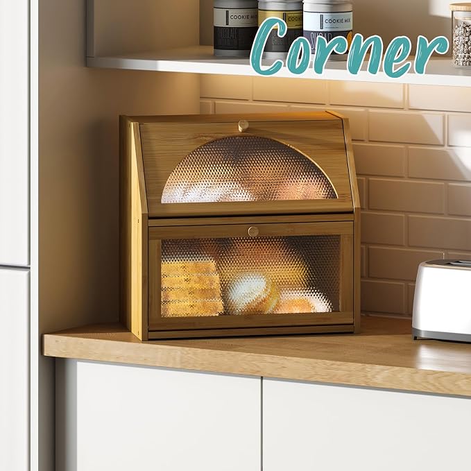 Extra Large Bread Box for Kitchen Counter, Bamboo Wood Double Layer Bread Box for Kitchen Counter, Wooden Capacity Bread Storage Bin