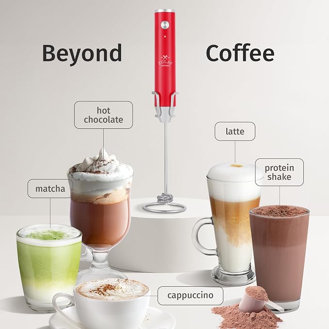 Zulay Kitchen Rechargeable Milk Frother Handheld - Frother Wand, Drink Mixer, Electric Whisk Frother, for Cappuccinos, Matcha & Protein Powder - Lux Double Whisk 2 Speed Waterproof 2000mAh Red