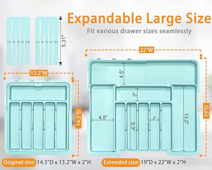 Silverware Organizer - Expandable Large Kitchen Drawer Organizer Utensil Organizer with 2 Knife Block Inserts, 22"x 19"Cutlery Tray with Drawer Dividers for Kitchen Flatware (Turquoise)