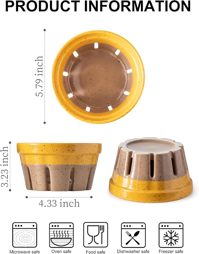 Gomakren Ceramic Berry Bowl Set of 2 Harvest Fruit Basket, Yellow + Brown | Drain Holes Keep Berries Fresh, Stackable, Wash & Serve | 5.8In Round Strawberry Grape Cherry Basket, Farmhouse Kitchen Decor