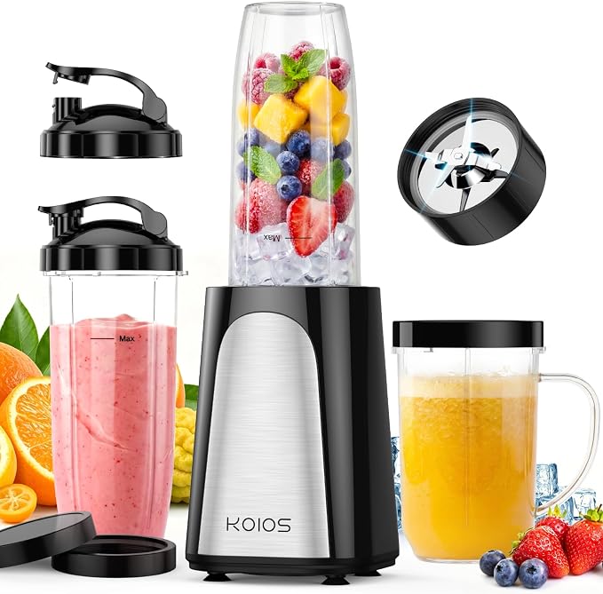 KOIOS 1000W Smoothie Blender, 15-in-1 Single Serve Set, Press-Twist Design | Personal Blender & Kitchen Countertop Smoothie Maker with 2x24oz+17oz Cup, Detachable 4-Blade, Frozen Drinks, Protein Shakes