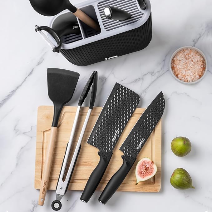 Knife Set with Block,9 Pieces Kitchen Knives and Heat Resistant Silicone Kitchen Utensils Set with Wooden Handle,Ideal Cooking Tools for Kitchen
