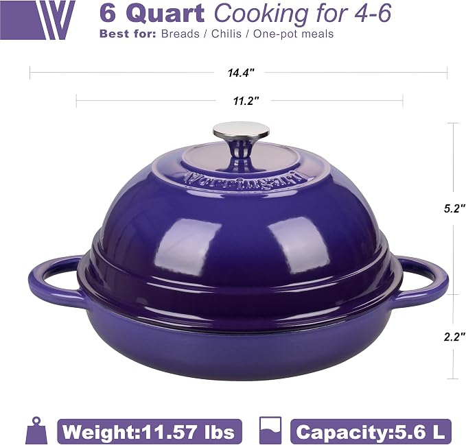 Cast Iron Enameled Dutch Oven Pot with Lid for Bread Baking, Bread Oven, 6 Quart, Purple